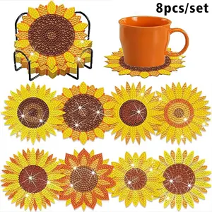 8 Piece DIY Diamond Painting Coasters Set, Sunflower Pattern, Heat Resistant Non-Slip, Handmade Gift, Mosaic Craft Kit