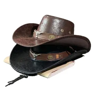 Vintage Cowboy Hat for Men Women, Distressed Brown Cowboy Cap with Longhorn & Bull Head Accents, Authentic Western Style Hat for Outdoor Ranch Rodeo Outfit