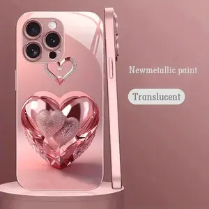 Pink Diamond Heart Pattern Pink Metallic Paint Tempered Glass Hard Phone Case Suitable for iPhone , suitable for iPhone 17, 16, 15, 14, 13, 12, 11 XS X and other series models, can be given as a gift to friends or family