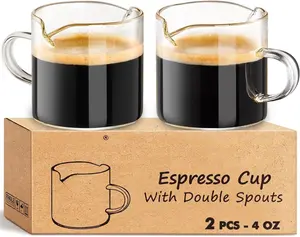 Espresso Cups Set of 2, 4 Oz Espresso Shot Glass with Handle Double Spout Cups Clear Glass Milk Cup Coffee Accessories  for Making Coffee Desserts Salad Dressing