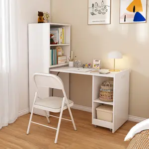 Home Office Stretchable Desks with Storage Shelves and Mobile Wheels, Modern Wood Foldable Desk Gaming Computer Corner Table for Apartments Work, Study, Writing, White