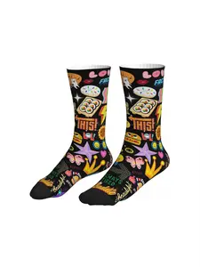 Men Women Black Background Cute Mixed Doodle Sushi Burger Crown Butterfly Mid Calf Socks Y2K Aesthetic Streetwear Socks