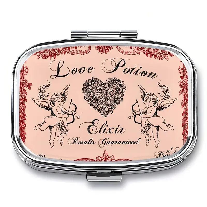 Vintage Apothecary Love Potion Cherub Pill Case, Portable Double Compartment Decorative Jewelry & Pill Box with Mirror, Romantic Gift for Women, Daily Use, Supplement Organizer, Vitamin Dispenser