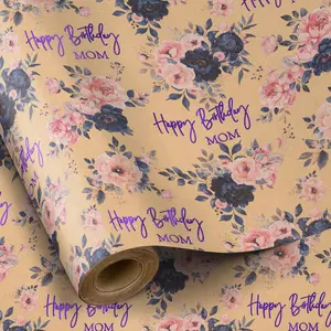 Vintage Floral Kraft Paper Gift Wrapping Roll, Watercolor Flowers and Handwritten Print, 43.2cm X 500cm, Wedding, DIY Craft Decor