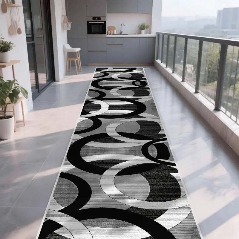 Minimalist Black Gray Circle Thin Velvet Runner Rug,Non Slip Washable Hallway Floor Mat