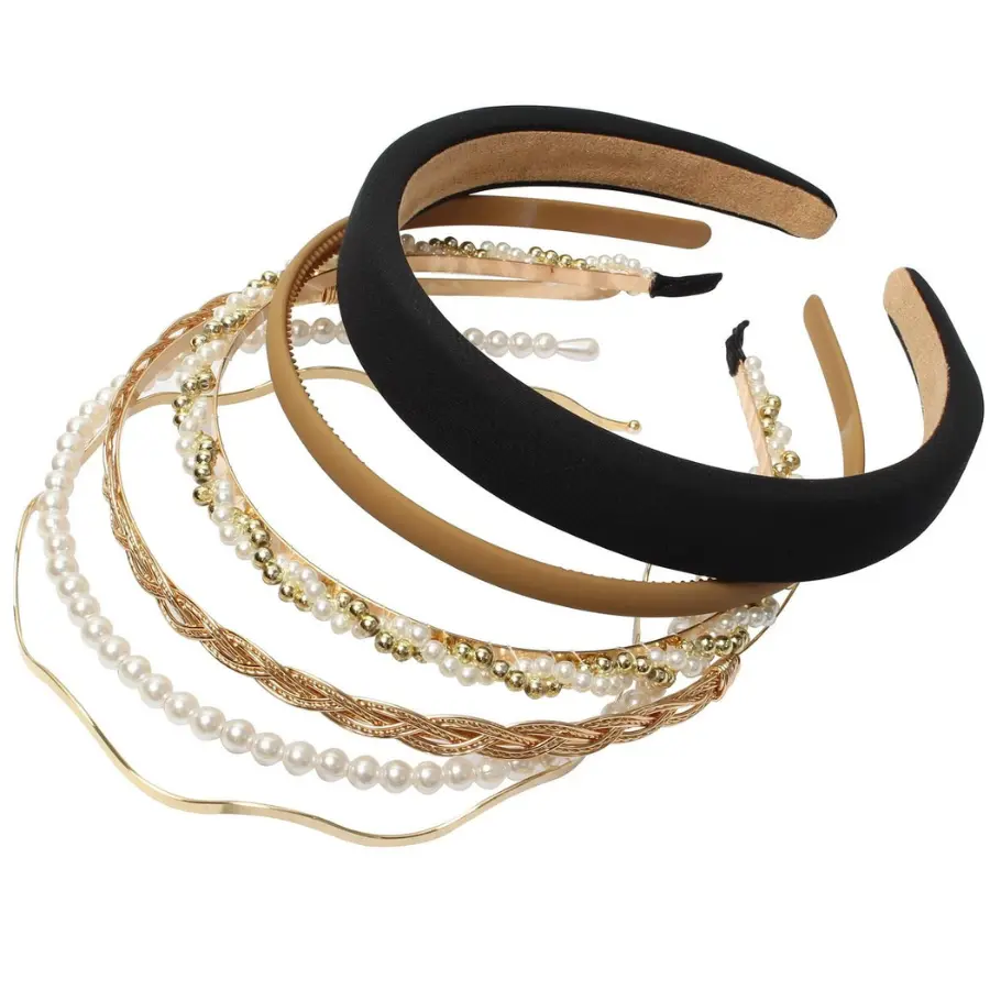 Different Designs Headbands for Women Gold Metal Hairband 6PCS | Cute Pearl Hair Bands for Girls,Twisted Head Band,Black Padded Headband Set,Non Slip,Thin Metal Headbands for Women