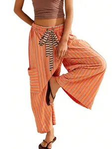 Women's Striped Print Drawstring Waist Wide Leg Pants, Boho Casual Trousers for Daily Wear, Ladies Bottoms for All Seasons, Womenswear