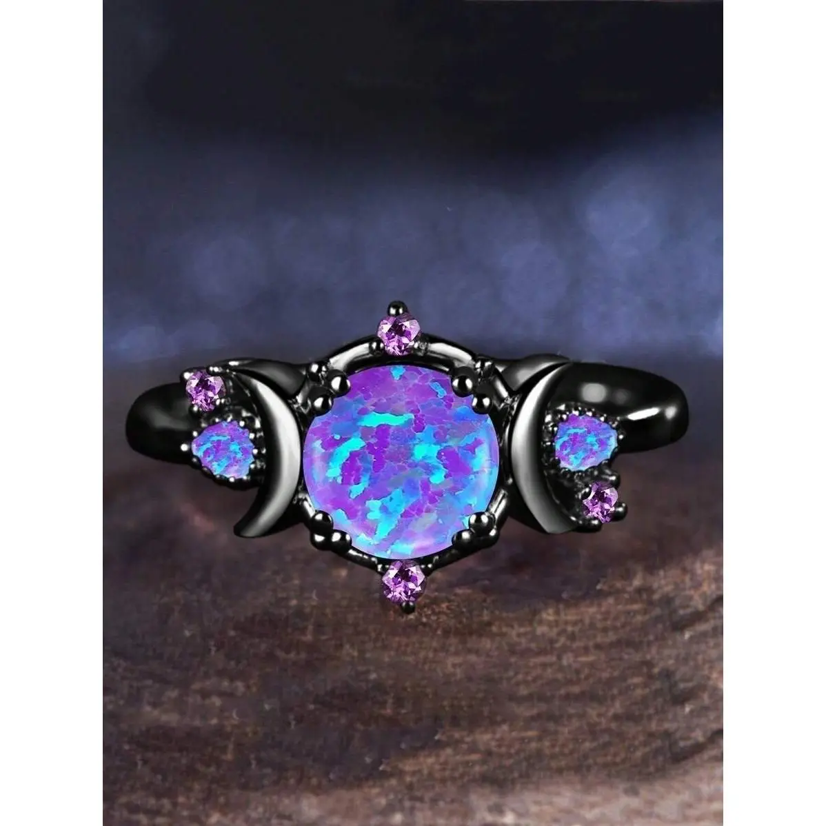 Glamorous Women's Imitation Lavender Opal Round Ring - Star-Moon Design Black Birthstone, Wedding Engagement Promise Ring, Festive Party Gift, Daily Wear (Party Supplies)
