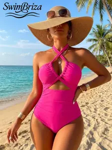 Briza｜Crossover Halter Cut Out One Piece Swimsuit In Solid Hot Pink, Bathing Suit Fancy For Vacation Swimwear For Women, Cute Swimsuits For Women And Bathing Suits For Women With Ruched Bust, One Piece Bathing Beach Confidence