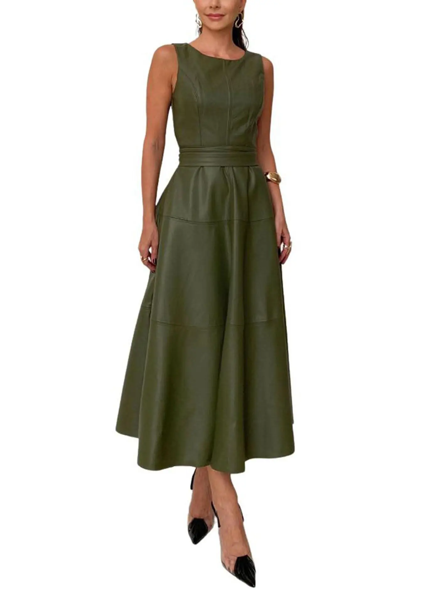 CHARTOU Women's Casual Stylish Wear Sleeveless PU Faux Leather Maxi Dress - Summer & Autumn Elegant Flowing Design with Belt, Minimalist Elegant Dresses for Women, Lady, Fitted, Stylish Women's Wear