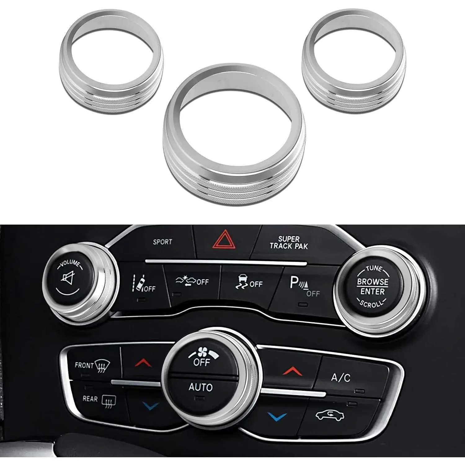 Silver Climate Control Knob Switch AC Radio Volume Tune Button Knob Rings for 2015-2023 Dodge Challenger Charger / 2015-2023 Chrysler 300 300s / 2013-2018 Ram Accessories