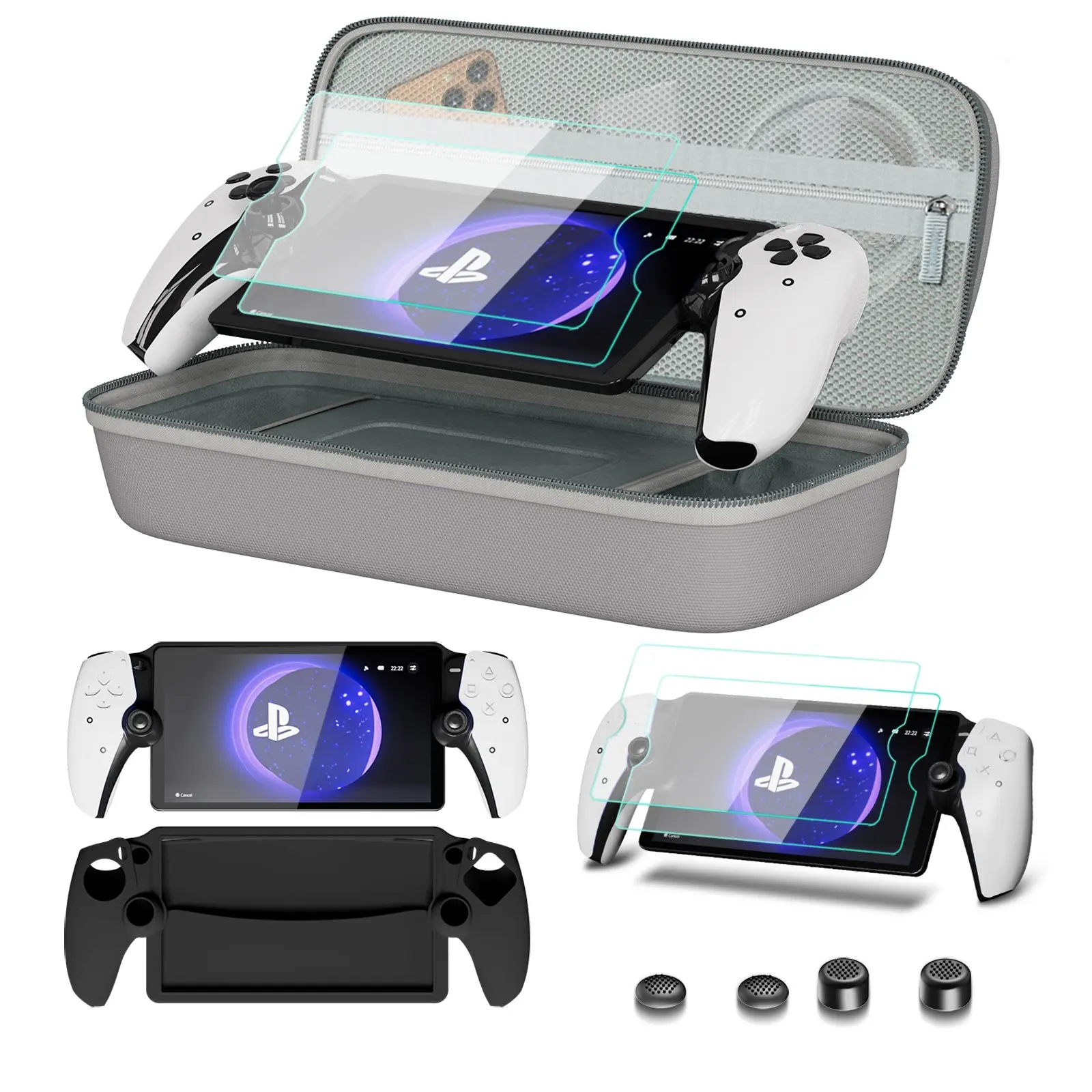 8-in-1 Tech Gaming Accessories for PlayStation Portal – PS5 Carrying Case, Silicone Protective Cover, 2 Screen Protectors & 4 Thumb Grips