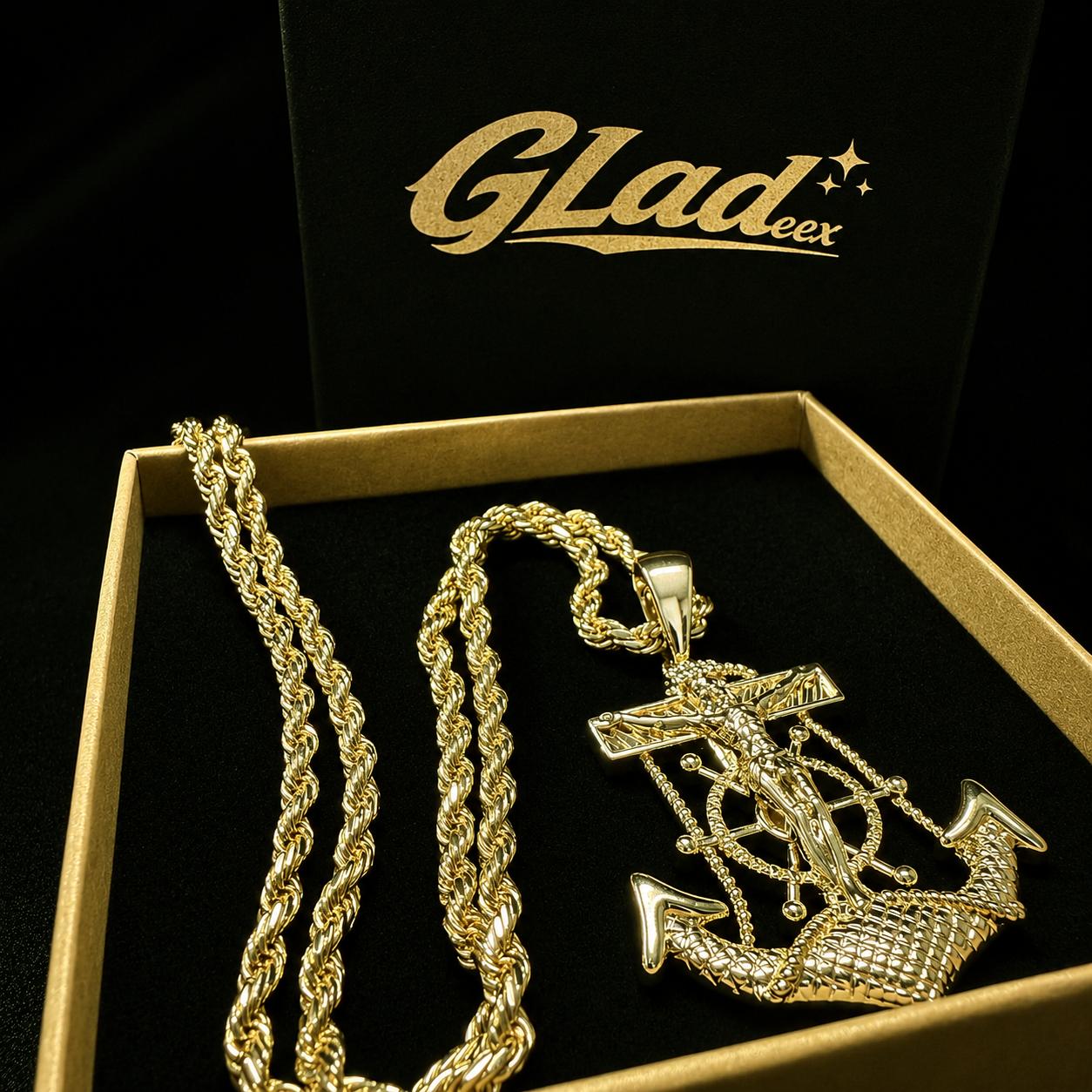 Jesus anchor cross pendant and rope chain arranged in a GLADEEX gift tray