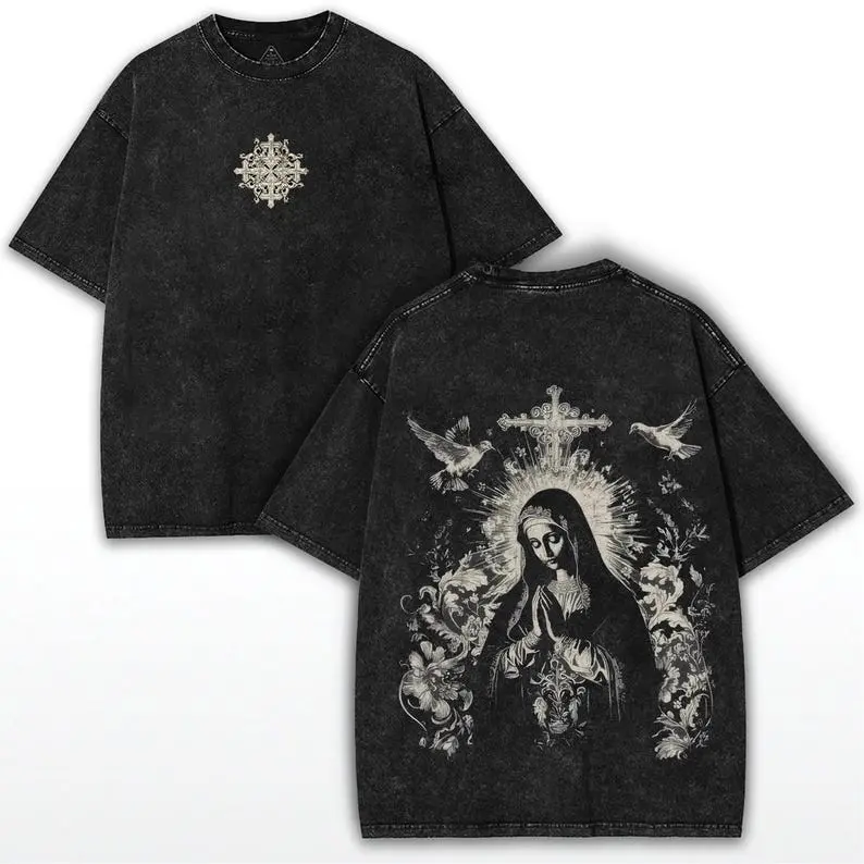 Men's Short-Sleeve T-Shirt with Vintage Christian Graphic in Distressed Cotton, Oversized Casual Streetwear Fit, Tshirt, Sportswear, Shortsleeve