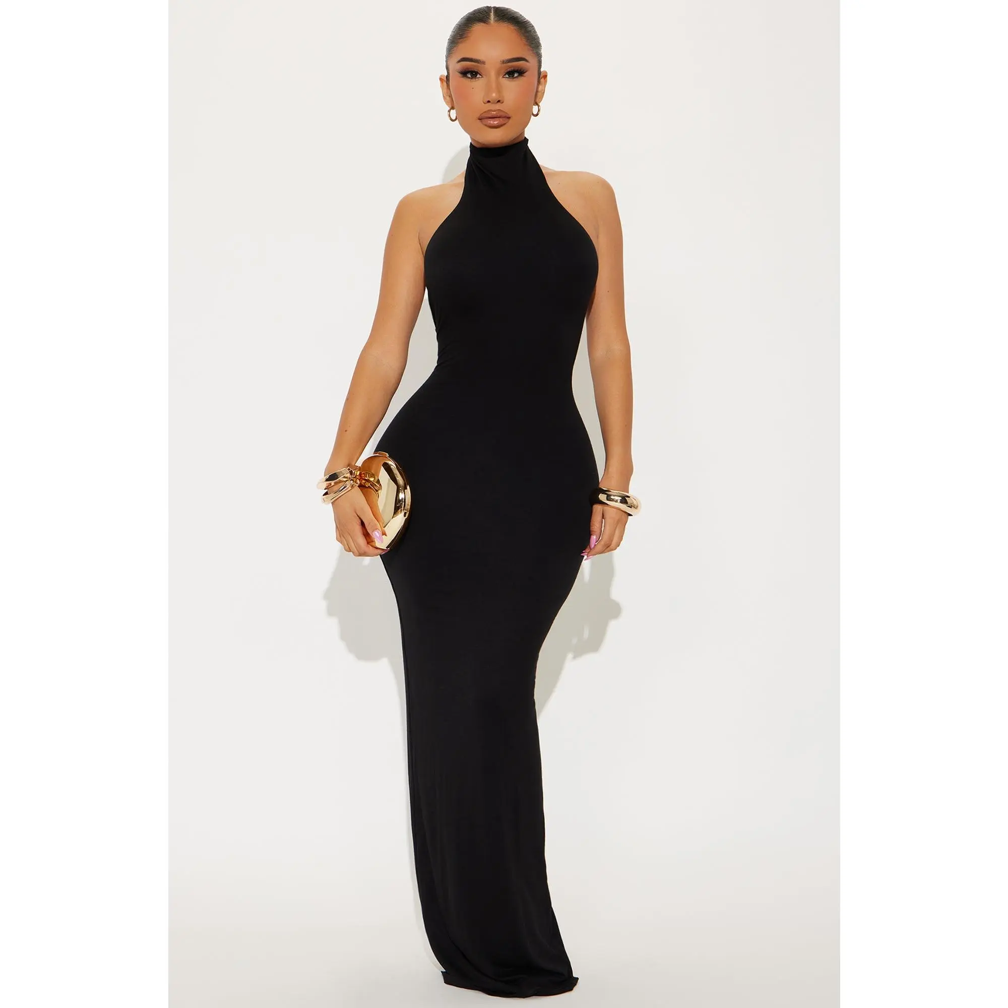 Smooth Double Lined Halter Maxi Dress - Black