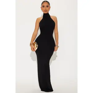 Smooth Double Lined Halter Maxi Dress - Black