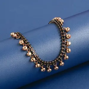 Elegant Copper Anklet with Black Glass Marquise and Bell Charms for Women, Vintage Style, Daily & Vacation Wear