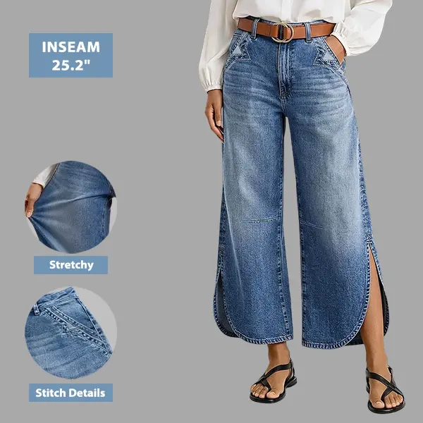 Flamingals Wash Stitch Detail Split Hem High Rise Wide Leg Crop Jeans Without Belt Stretchy 25.2'' Inseam