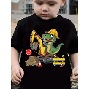 Boys T Shirts Dinosaur Construction Worker With Excavator And Road Signs Print 100% Cotton Round Neck Short Sleeve T Shirt for All Seasons Unique Graphics Durable Fabric