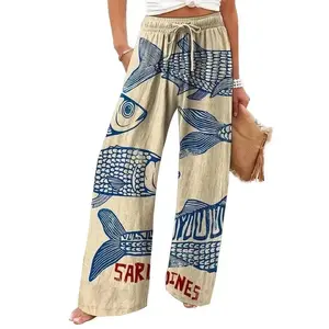 Women's Vintage Sardine Print Wide-Leg Casual Pants - Beige Polyester, Elastic Waist Drawstring, Pockets Womenswear Bottom