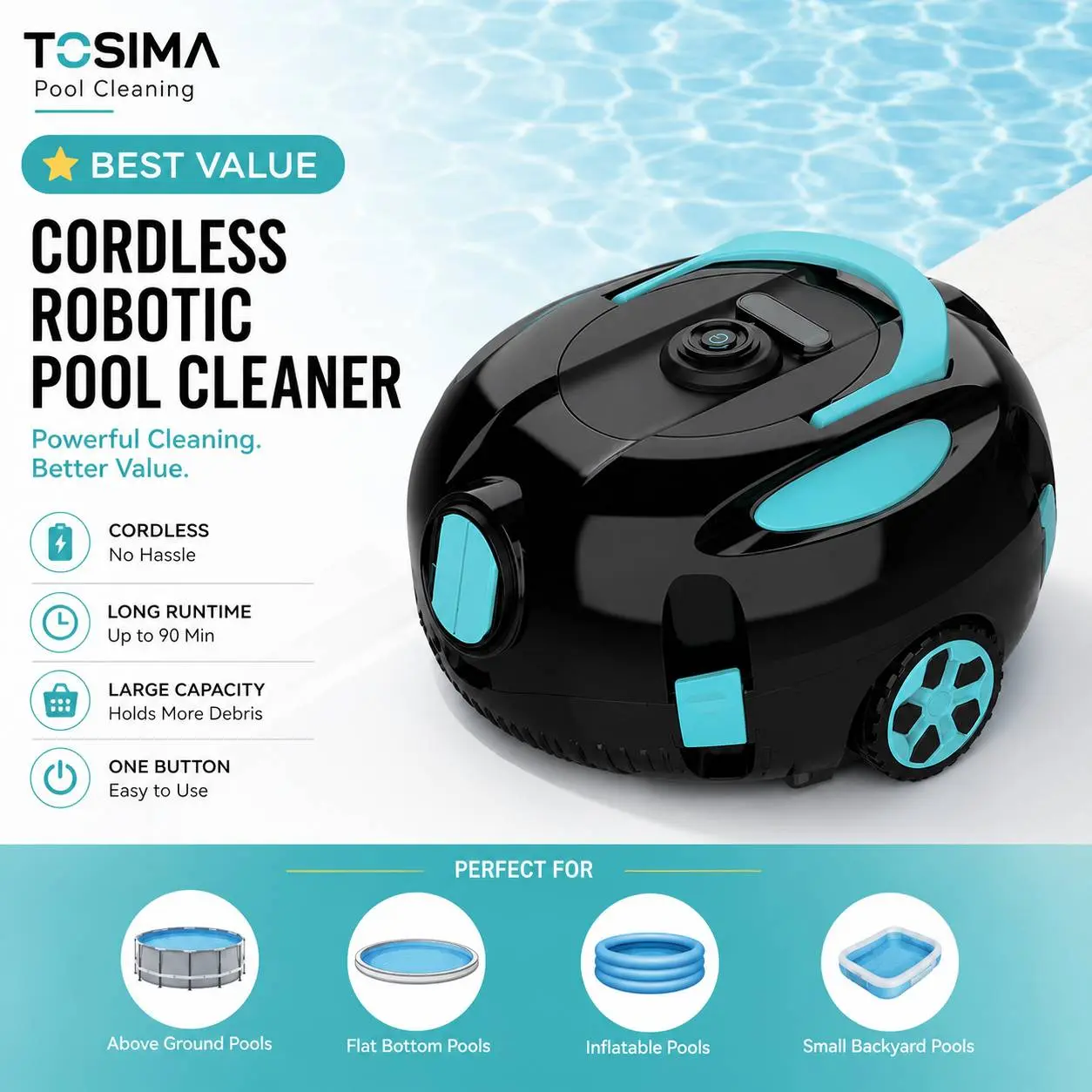 Tosima Cordless Robotic Pool Vacuum Cleaner H1 for Inground & Above Ground Pools Up to 1100 Sq.Ft | Best Value Automatic Pool Cleaning Robot with 40W Dual Motor, Fine Filtration, Auto Parking & Lightweight Design for Daily Pool Maintenance