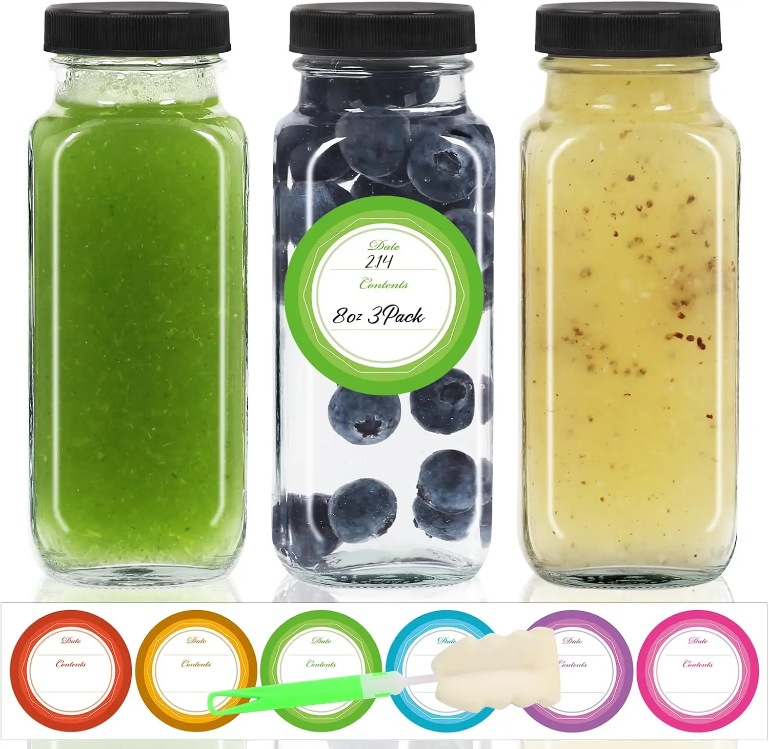 8 oz 3 Pack Glass Juice Bottles with Lids - Square Reusable Drinking Jars for Juicing, Milk, Kombucha - Includes 1 Bottle Brush, 6 Colored Labels
