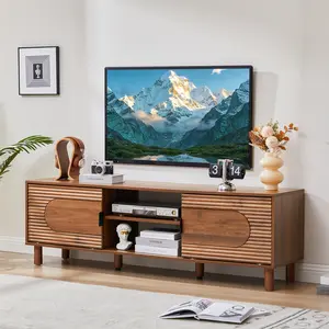 Giratree Mid-Century Modern Wood TV Stand, 63” Media Console with Sliding Storage Doors & Open Shelf, Fluted Design, Supports TVs up to 70”