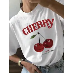 Cherry Pattern And Letter Printed T-Shirt, Round Neck Short Sleeve Casual Top, Suitable For Women Spring, Shortsleeve, Tshirt