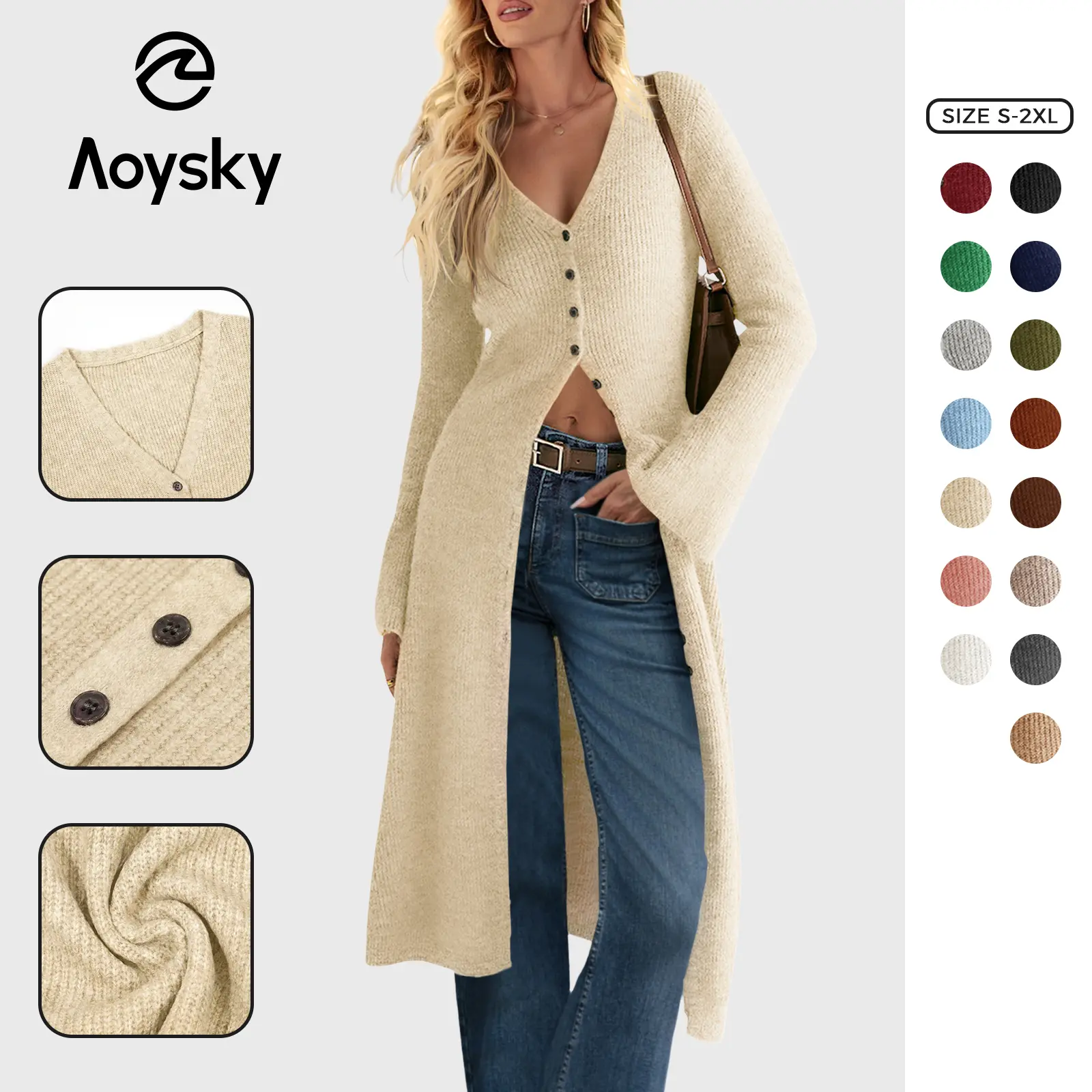 Aoysky Women's Oversized Chunky Knit Long Cardigan - V-Neck, Open-Front Cardie, Bell Sleeves, Button-Down Midi Knitwear, 2026 Fall Winter Trendy Cozy Soft Outerwear