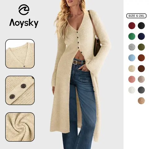 Aoysky Women's Oversized Chunky Knitting Midi Cardigan - V-Neck, Open-Front, Bell Long Sleeves, Button-Down 2026 Fall Winter Outerwear, Stylish Women's Wear, Cozy Layered Casual Long Sleeve Tops
