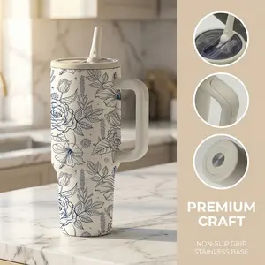 1 Pc 40 Oz Stainless Steel Water Cup with Handle and Foldable Straw, Blue Line Art Floral Pattern, Double Wall Insulated Thermal Mug, Hot 12H/ Cold 24H, Fun Drinkware Tumbler, Perfect Mother's Day, Easter or Birthday Gift for Women, Friends and Family.