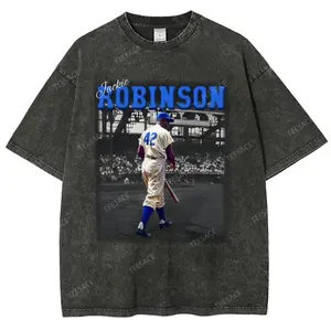 Unisex-Adult Vintage Oversized Washed Cotton T-Shirt, JACKIE ROBINSON