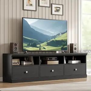 [FLASH SALE] Garvee TV Stand for 75 Inch TV, Mid-Century Modern Entertainment Center with Storage Drawer, 70" TV Console with Open Shelves, Wood Media Console TV Cabinet for Living Room (Black)