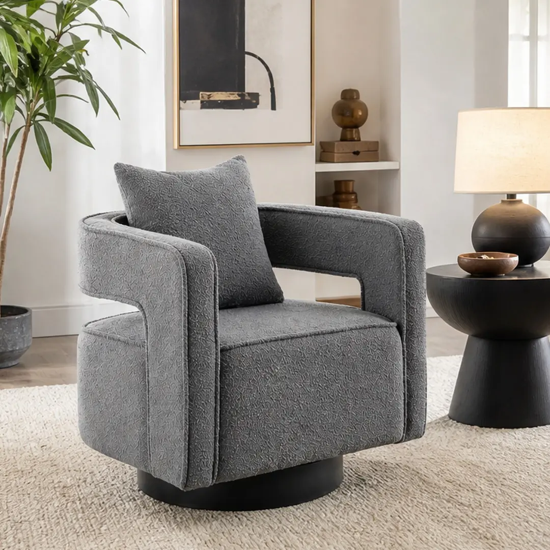 ARCH Modern Swivel Plush Sculptural Armchair - 360° Rotating Rolling Adjustable Open Curved Back, Gray Boucle Fabric, Wide Seat, 51.40 lb, for Living Room Office, Single, Plush Armchairs, Rolling Adjustable Armchairs