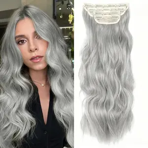 Hair Extensions 4Pcs Silver Grey Hair Extensions Clip in Easy to Put in Long Wavy Thick and Soft Silver Grey Hairpieces for Party Daily 20 Inch Synthetic Hair Extensions for Women Girls