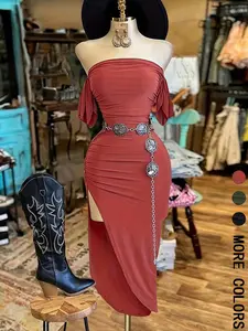 1 Piece Spring & Summer Sexy Off-Shoulder Ruched Bodycon Maxi Dress - High Slit Design Alluring Style for Evening Events and Clubwear （Belt not included）