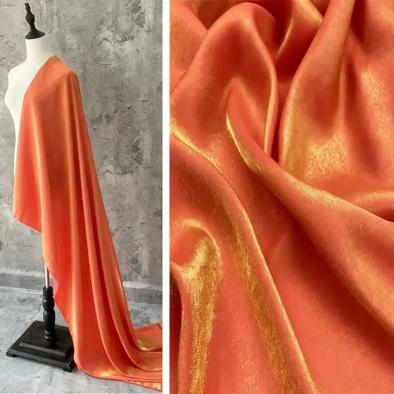 Orange shiny satin fabric, metallic luster silky smooth cloth for evening gowns, wedding dresses, DIY sewing party decorations