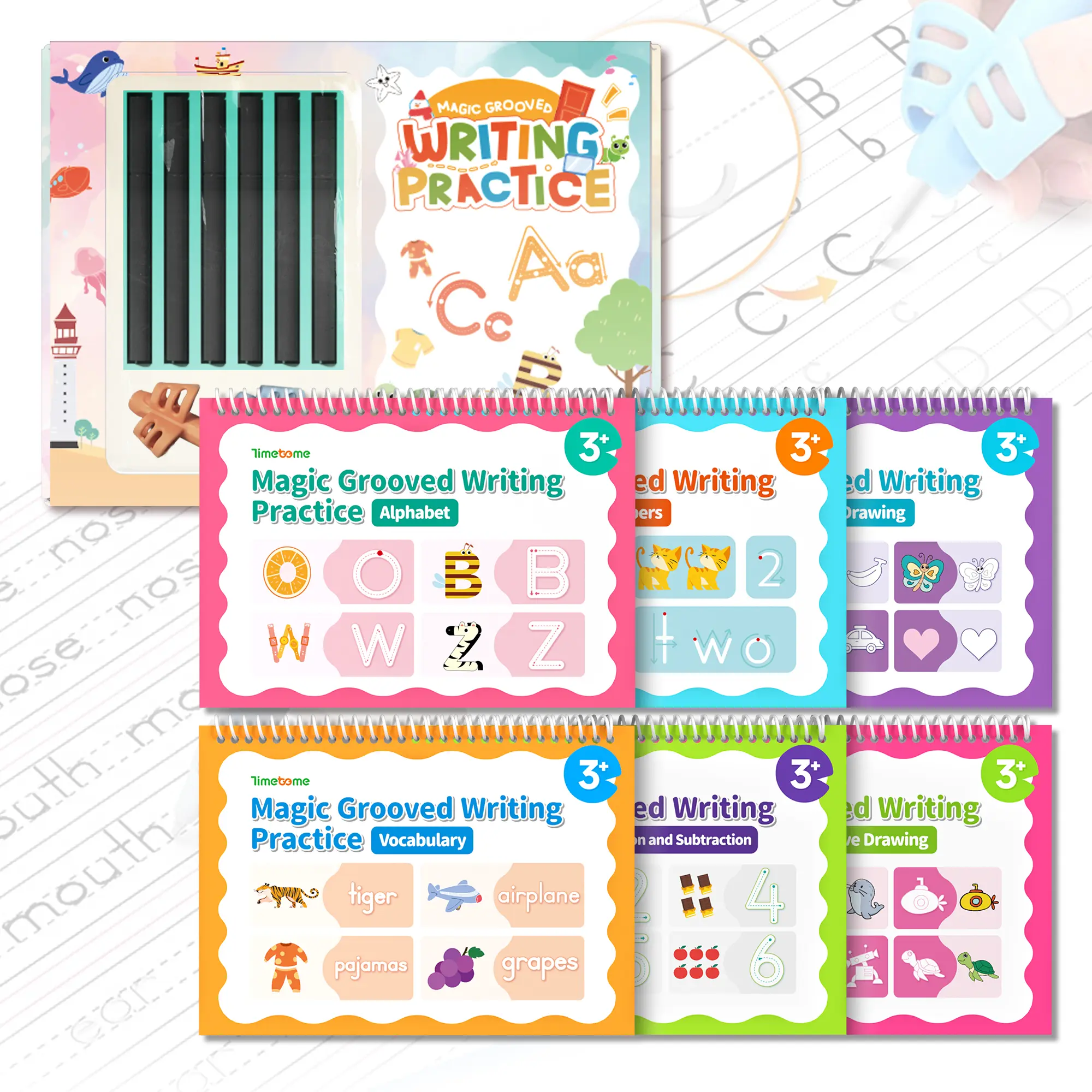 TIMETOME Reusable Grooved Handwriting Workbook for Kids, Learning Materials, 6 Books–Early Elementary, Covers Math, Words, Drawing –Gift for Children Preschool Alphabet Tool Classroom Supplies，summer learning workbook