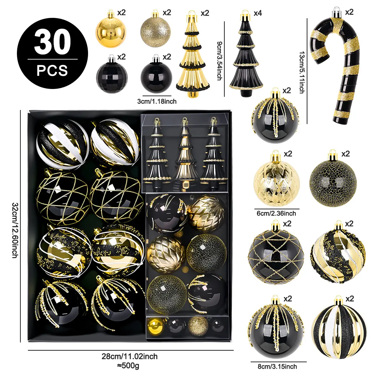Luxury Black and Gold Christmas Decor Gift Basket 30pc Home Tree and Wall Decor Set with Electroplated Candy Canes