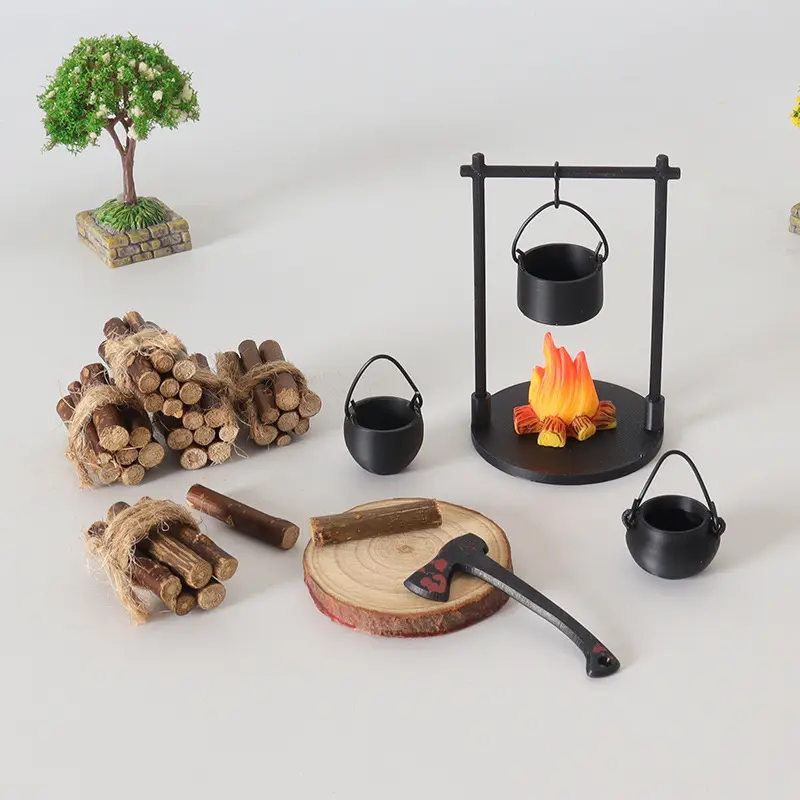 MUNBYN Mini Campfire & Teapot Miniature Statue – DIY Craft Dollhouse Desktop Photo Prop, Wood/Plastic/PLA Decor Gift for Home, Kitchen, Office, or Garden Ornaments Whimsy