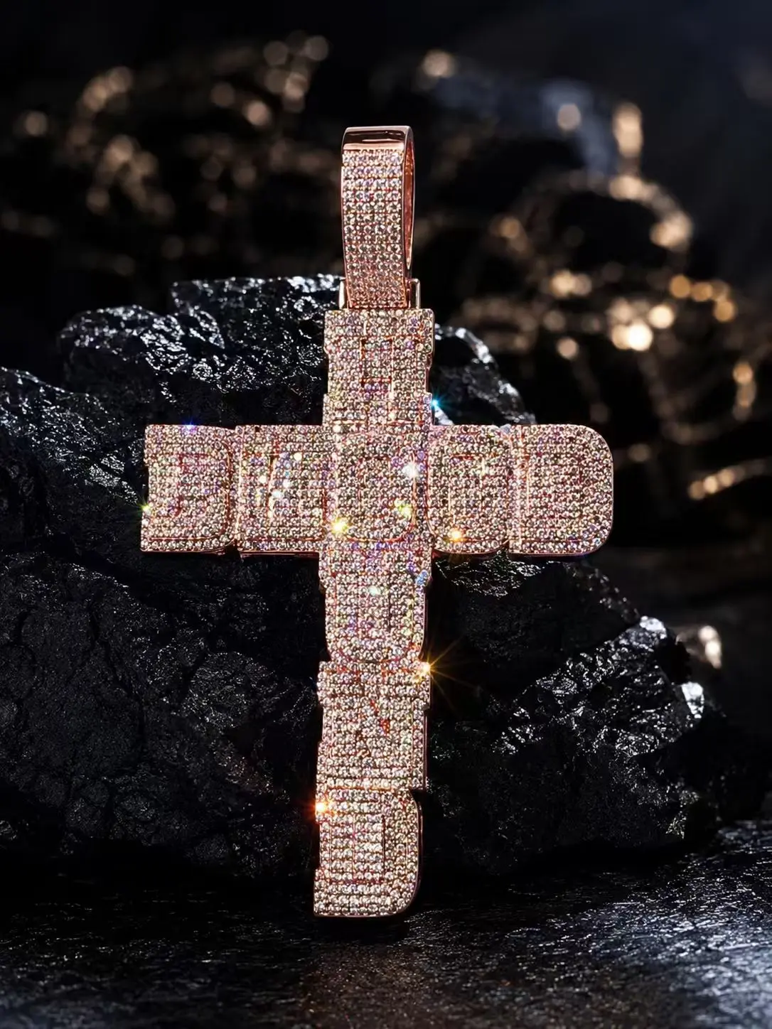 5414  BLOOD Letter Cross Pendant Hip Hop Streetwear Statement Charm, Bold 3D Letter Cross Neck Accessory for Rappers Street Party Daily Outfit