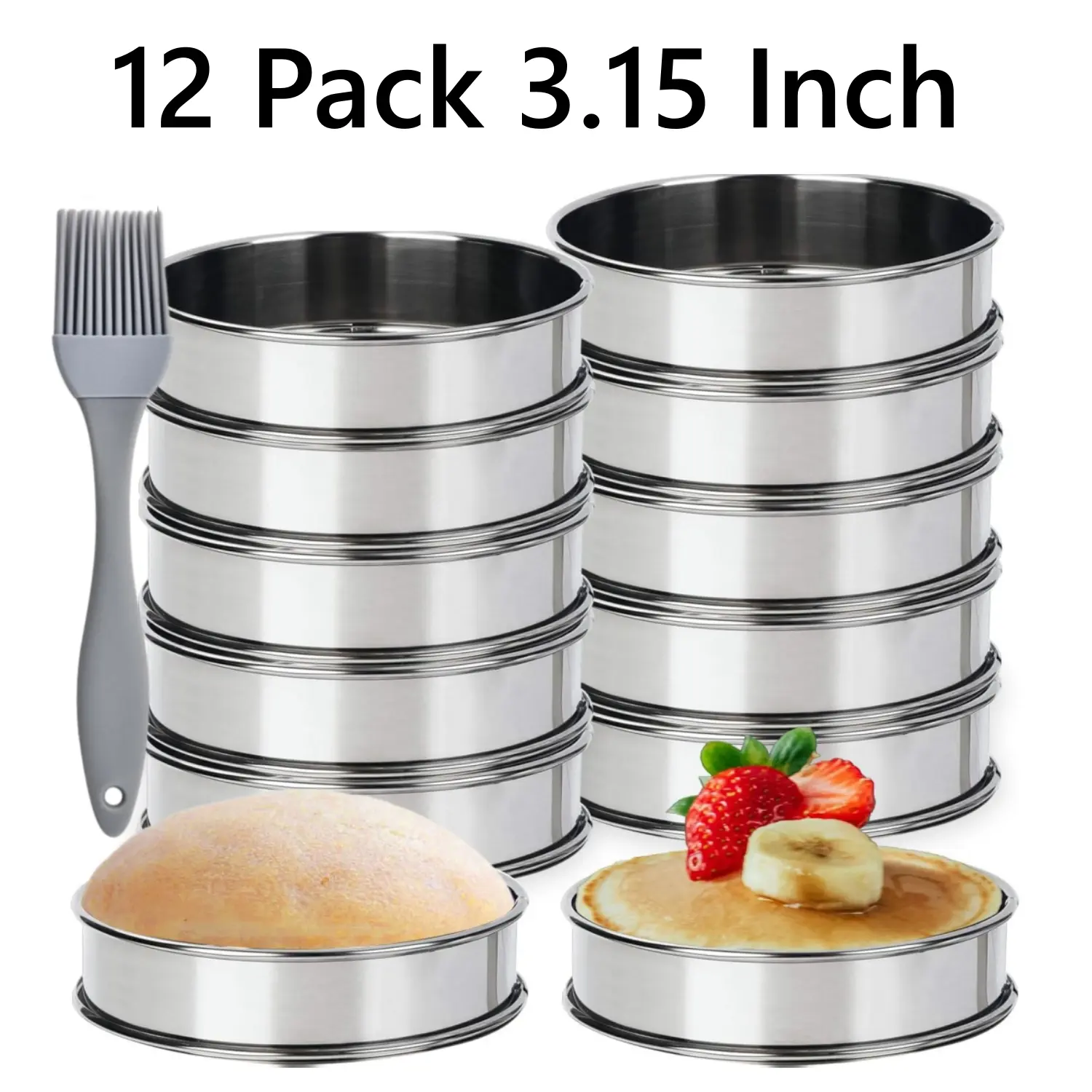 12 Pack 3.15 Inch Stainless Steel English Muffin Cookie Rings for Baking, Tart Crumpet Cookie Mold Rings, Double Rolled Nonstick Muffin Tart Ring for Bakery, Pancake Making (with Oil Brush)