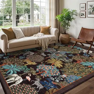 8x10 Ultra Thin Short Pile Polyester Fiber Multi-Use Runner Rug, Washable Floral Modern Jungle Animals Theme Non-Slip Indoor Use Mat for Hallway, Entryway, Black, Botanical Area Rugs