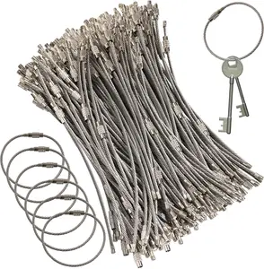 100 Pcs 6 Inch Wire Keychain Cable 2mm Twist Barrel Stainless Steel Key Rings Loop Wire Cable Braided Steel Key Chain, Black