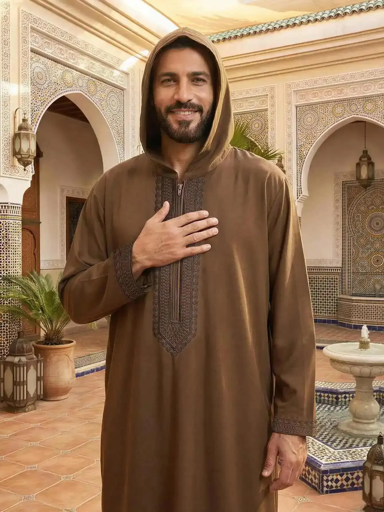 Men's Traditional Moroccan Thobe, Classic Embroidered Loose Hooded Robe for Daily & Formal Wear, Muslim Modesty, Casual Style, Everyday Wear, Comfortable Fit, Daily Essential, Must-Have Basics, Everyday Essential