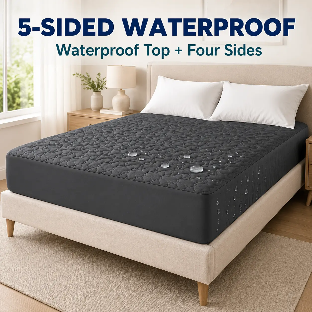 5-Sided Waterproof Mattress Protector, Quilted Fitted Bed Cover with Top and Side Protection, Soft Noiseless Surface, Breathable TPU Layer, Fits Mattresses up to 21 Inches Deep, Twin Full Queen King, White/Gray