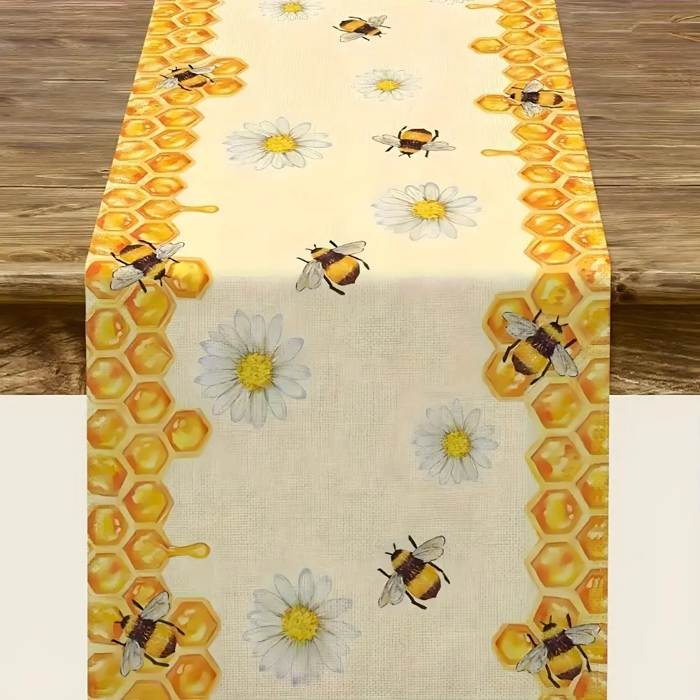 1 piece, 13.8*70.9 inches, bee sunflower tablecloth - country style, with honeycomb and bee design, yellow and orange polyester cover, Machine Washable, suitable for kitchen, dining room or outdoor party decoration, bee decoration
