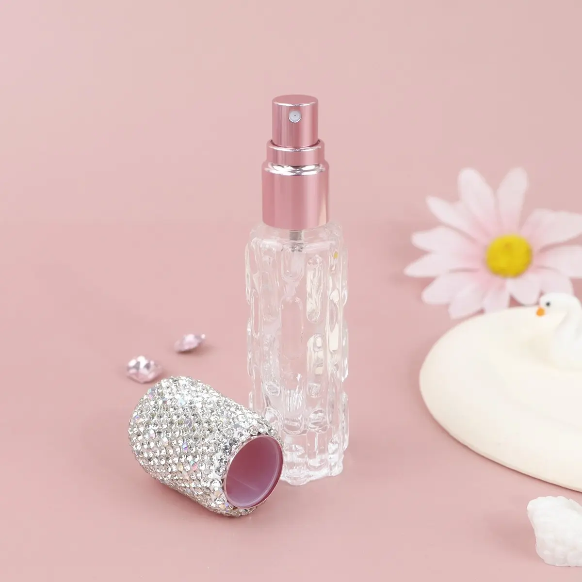 Diamond Lid Transparent Empty Spray Bottle 0.34oz Mini Reusable Glass Fine Mist Makeup Tool Perfume Atomizer, Travel Essential, Portable