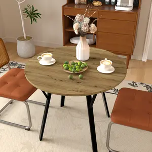 35.43 Inch Round Dining Table, Small Circle Kitchen Table with Metal Black Legs for 2-4 people, Modern Dining Room Table, Brown (only table)