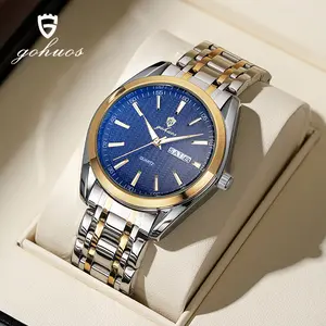 GOHUOS Elegant Multi-Function Men's Watch with Original Quazrt Movement, featuring Dual Calendar, 41mm Dial, Sapphire Crystal, Stainless Steel Band, and Luminous Water-Resistant Design